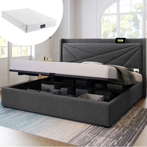 Letto matrimoniale 140x200 cm grigio in cotone e lino con contenitore, USB-C e materasso (1/5)