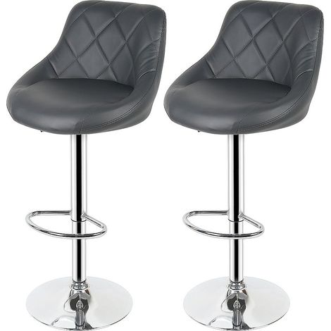 Tabouret de bar 2, chaise de cuisine moderne, avec dossier repose-pieds sans accoudoirs en similicuir chromé design pivotant réglable en hauteur, gris (1/5)