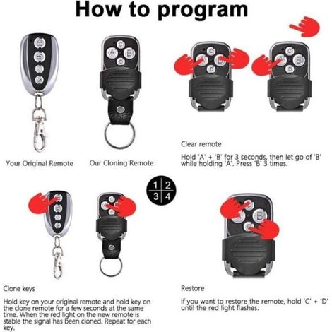 Télécommande Portail - 270-433 92 MHz - Auto-apprentissage - Compatible Puces 1527 2262 HT600 HCS300 - 4 Boutons - 3 Pièces (1/5)