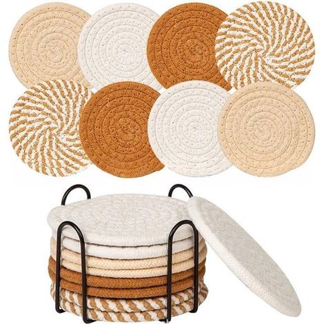 Ensemble de 8 sous-verres (avec support de rangement), absorbants, pour tables basses, ensemble minimaliste en coton tissé (1/5)