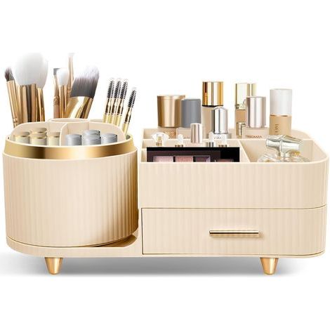 Multifunctional 360° Rotating Makeup Organizer for Dressing Table, Bathroom and Bedroom, with Small Multifunctional Drawer (Cream) (1/5)