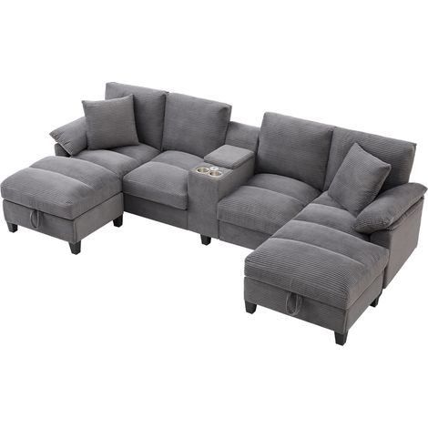 U-Form-Sofa Modulares mit USB, Stauraum und Becherhalter, in Cord Grau 293 × 142 × 93 cm (1/5)