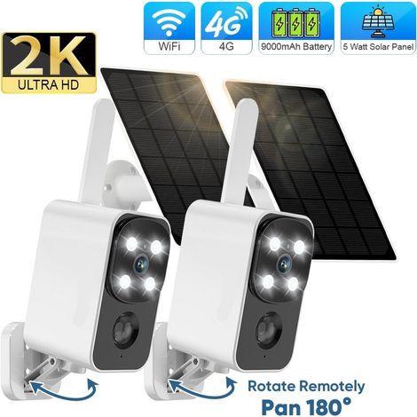 Set di 2 telecamere solari da esterno: 4G, Wi-Fi 2K, panoramica 180°, rotazione, rilevamento del movimento, PIR, audio bidirezionale, batteria da 9000 mAh (WiFi Cam No Card) (1/4)