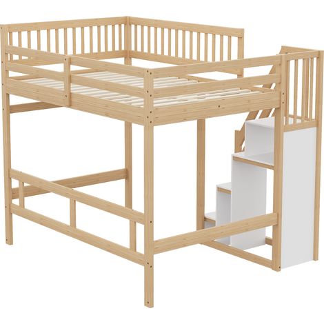 Lit en bois massif 140x200, escalier avec armoire, haute barrière, lit enfant ado, cadre bois massif, couleur bois, matelas non inclus, pour chambre enfant (1/5)