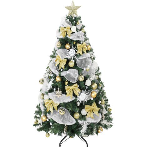 HOMCOM árbol de Navidad con 200 led blanco cálido, 180 cm, predecorado, 800 ramas, 8 modos, bolas, cintas y lazos, mando, base metálica plegable (1/5)