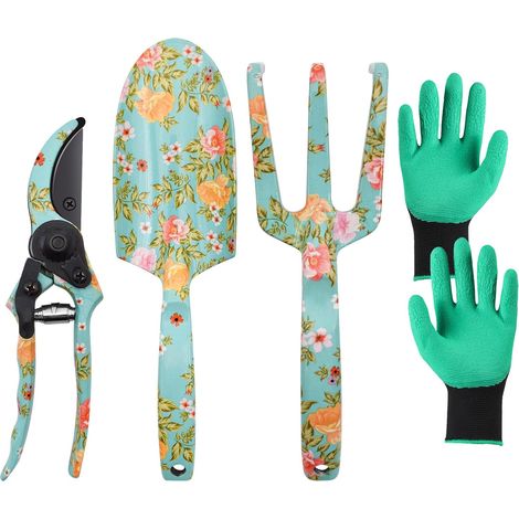 4 Pcs Floral Print Garden Tool Kit Adult Gardening Kit Gardening Tool Kits with Hand Rake, Trowel, Gardening Gloves and Scissors, Gardening Gift for Women (1/5)