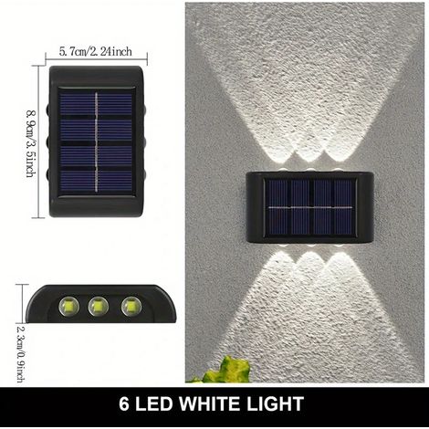 (1 pièce, 6 LED blanches) Applique murale solaire à miroir convexe lumineux supérieur et inférieur, lampe d'ambiance décorative pour cour ou jardin. (1/5)