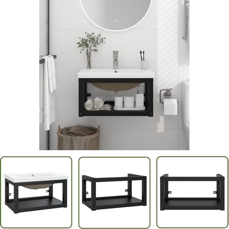 The Living Store Badezimmer-Waschtischgestell mit Waschbecken Schwarz Eisen - Badezimmerwaschtisch - Schwarzes Waschbecken - Wandmontage - Stahlrahmen - Keramikkasten (1/5)