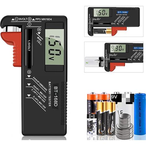 Comprobador de batería digital, Comprobador de batería universal, Comprobador de batería, para pilas de botón AA, AAA, C, D, PP3, 9 V, 1,5 V - Funciona sin batería (1/5)