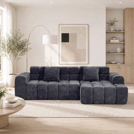 Canapé d'angle modulaire en velours texture algues gris anthracite 249,94 cm avec méridienne et mousse (1/5)