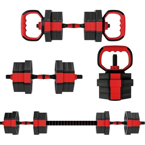 Set manubri 4 in 1 regolabile 20 kg rosso per allenamento a casa (1/4)