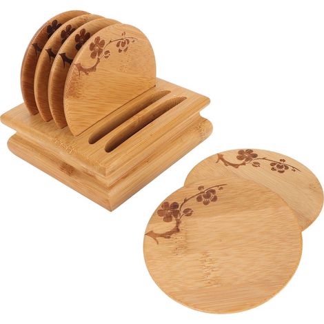 Set aus Vintage-Untersetzern aus Bambus, rutschfest und isolierend, mit Teetassenhalter. (1/5)