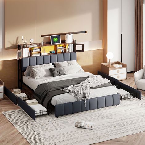 Letti con cassetti 160x200 cm, letto matrimoniale con 4 cassetti, testiera illuminata a LED con porta di ricarica USB/Type-C, contenitore, rete a doghe, letto per adulti - Nero (1/5)
