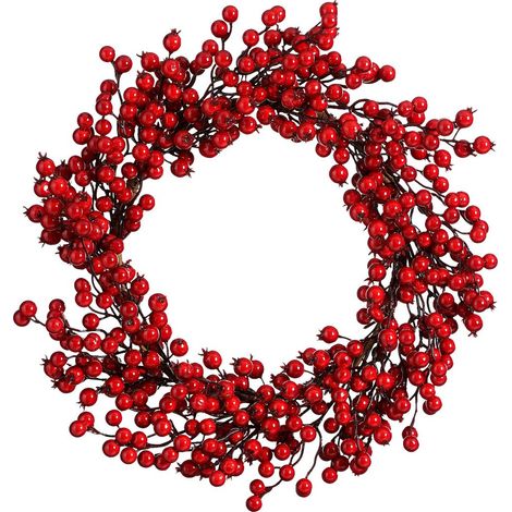 Couronne de Noël Festive pour Porte et Mur avec Baies Rouges en Mousse Diamètre 50 cm - PANGIVO (1/4)