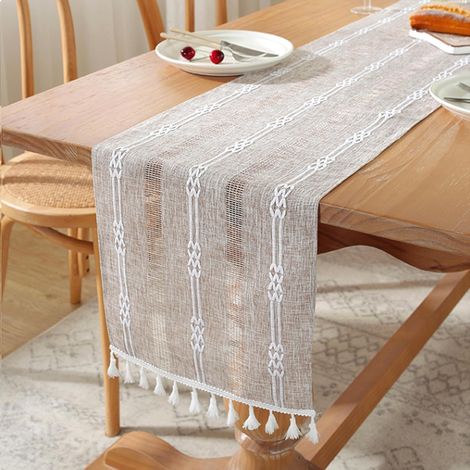 Chemin de table en lin avec pompons - Décorations de table lavables pour meubles, Noël, fête, cuisine, table basse, vacances, anniversaire, restaurants (180 x 33 cm, marron) (1/5)