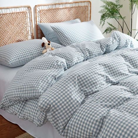 1 Parure De Lit 200x200 Cm Housse De Couette Microfibre 2 Taies D'oreiller 65x65cm Fermeture Éclair Motif Vichy Chambre Adulte (1/5)