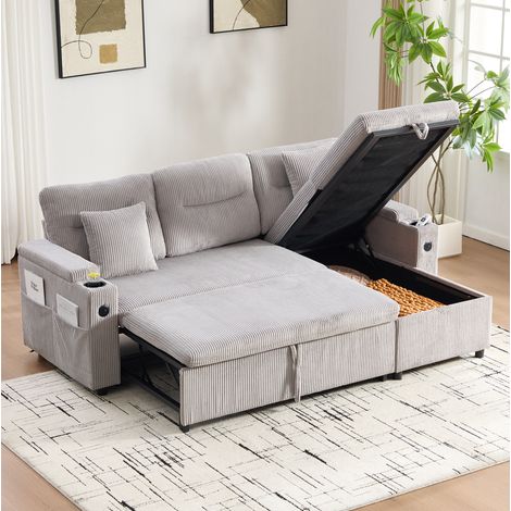 Sofá cama 212,5/136/86 cm en corduroy gris claro con almacenaje, USB-C y chaise longue (1/5)