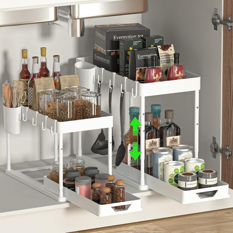 Organisateur sous evier Cuisine Rangement sous evier 2 étages, avec 4 Crochets, 8 Coussinets antidérapants et 1 gobelet Suspendu, Organisateur tiroir Cuisine (Blanc, Paquet de 2) (1/5)