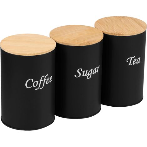 Set aus 1000-ml-Aufbewahrungsbehältern für Kaffee, Zucker und Tee mit Bambusdeckeln, für Küche und Haushalt (rund, schwarz)