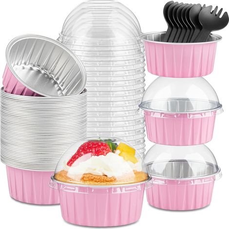 50 Pièces Mini Moules à Gâteaux avec Couvercles et Cuillères, 150ml Plats de Cuisson Ronds en Papier D'aluminium Petites Caisses à Pain Coupes pour Pain Dessert Pique-Nique Fête (Argent Rose),Argent R (1/5)