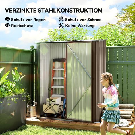 Abri de jardin en acier, 1,34 m², 161,5 x 94,5 x 196 cm, rangement d'outils avec toit incliné, porte sécurisée, résistant aux UV et pluie, marron