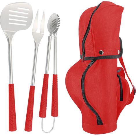 Set Accessori Barbecue 4 Pezzi con Borsa Porta Utensili Stile Golf – Utensili BBQ Pinza, Forchettone, Spatola in Acciaio Inox 430 Certificato per Alimenti – Manico Antiscivolo con Custodia e Tracolla (1/5)