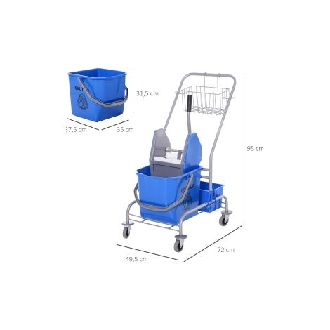 Chariot de nettoyage chariot de lavage, seau roulant 25 litres avec essoreur, crochet pour serpillière, chariot ménager à 4 roulettes, bleu (1/5)
