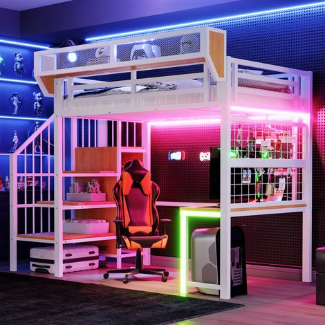 Lit mezzanine enfant 90 × 200 cm LED,lit superposé enfant avec bureau,lit enfant avec barriere,lit mezzanine avec bureau,équipé d'une échelle de sécurité,d'une prise électrique,Blanc (1/5)