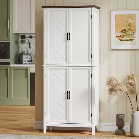 Buffet Haut Armoire de Cuisine 6 Niveaux 4 Portes Chevron 4 Étagères Réglables 76x40x178,5cm Blanc