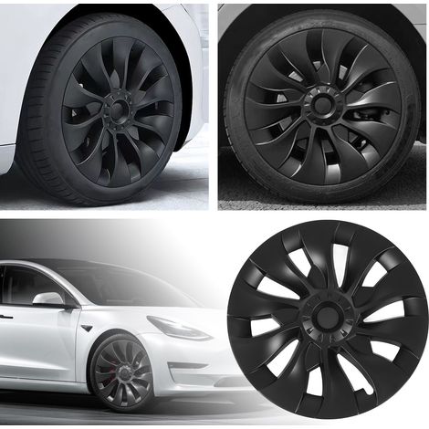 (T04) (Video verfügbar) 4 Radkappen für 18-Zoll-Felgen des Tesla Model 3 (2017–2023) (Sakura-Design, ohne Logo), matt schwarz (1/5)