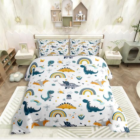 Parure de lit pour enfant 135 x 200 cm avec housse de couette et 1 taie d'oreiller Motif dinosaure Multicolore Arc-en-ciel Fleurs Papillon Étoiles (1/5)