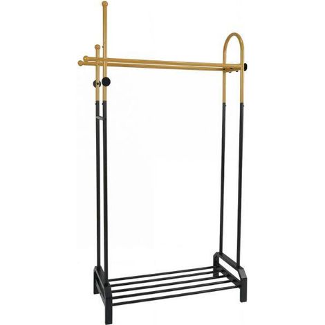 Portant à vêtements noir et doré en métal avec double barre, 5 crochets et étagère, pour chambre, entrée et dressing