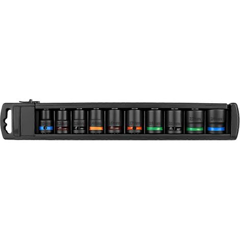 Coffret de 10 douilles métriques pour réparation, douilles à impact profondes 1/2 pouce avec ouverture à 6 pans, construction en acier allié et rangements sur rails multicolores (1/5)