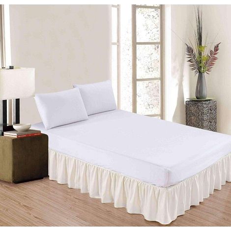 Rüschenbettrock, Bettrock, Polyester-Bettrock, dreiseitiger Bettrock (beige, 180 x 200 cm