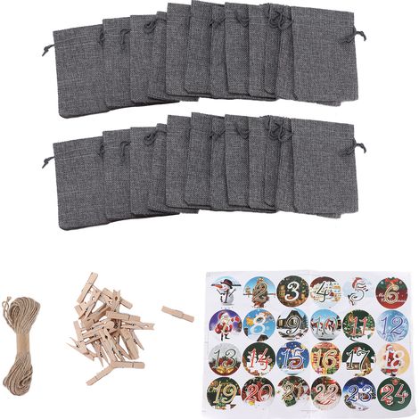 24 Sacs Cadeaux de Noël avec Cordon - Pochette Calendrier de l'Avent, Numéro Chance, Gris (1/5)