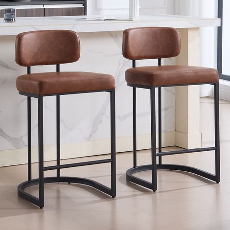 Wahson Bar Stools 2Pcs in PU Leather Modern Industrial Counter Chairs with Metal Frame for Home Bar Pub Restaurant, Brown