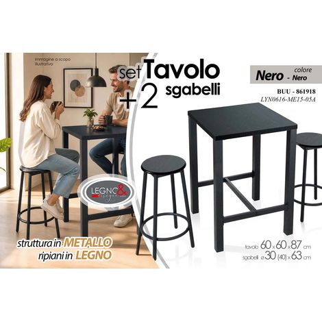 Set de mesa con 2 taburetes negros 60x60x87 cm