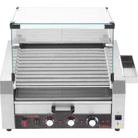 Mophorn 2400 W Elektrischer Hot-Dog-Grill mit 11 Rollen aus Edelstahl, ausgestattet mit Brötchenwärmer, Glas- und PC-Abdeckung, drei Temperaturreglern, seitlicher Aufbewahrungsbox und Ölauffangschale