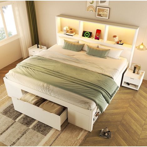 Letto matrimoniale 140x190 cm con contenitore, LED, USB e Type-C, bianco OKMYHOME (1/5)