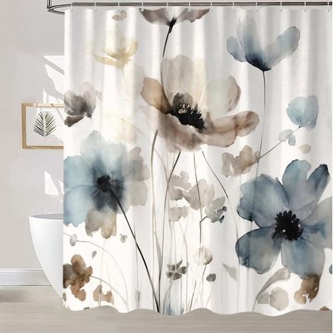 Cortina de ducha resistente al moho e impermeable，Estampado floral azul，180x180 cm，Material poliéster，Anillas para cortina de ducha (1/5)