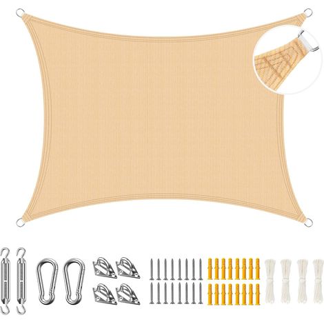 3.6x4.8m Voile d'ombrage avec Kit de Matériel, Rectangulaire Toile Ombrage Protection UV 95%, pour Terrasse Jardin Extérieur-Crème (1/5)