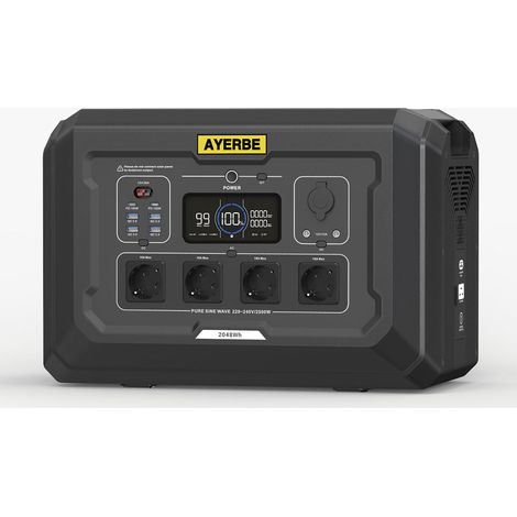 Estación de Energía Ayerbe AY-2048 Wh / 2500 W con Batería LiFePO4, Salida AC 2500 W, USB-C 100 W, Recarga Solar 2100 W y Red Eléctrica, para Uso Profesional