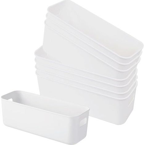 8 Pièces Boîtes Rangement Plastique Blanche 28109.5cm, Panier Rangement Rectangulaire pour Cuisine, Placard, Bureau, Salle Bain, Organisateur Étroit Empilable avec Poignées pour Maquillage, Jouets (1/5)