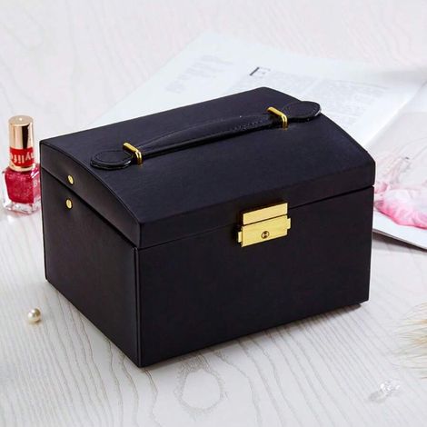 Coffret à bijoux noir 3 tiroirs, style européen, organisateur de rangement en bois, meuble à chapelets et accessoires, étui élégant pour colliers et bagues, design classique vintage (1/3)