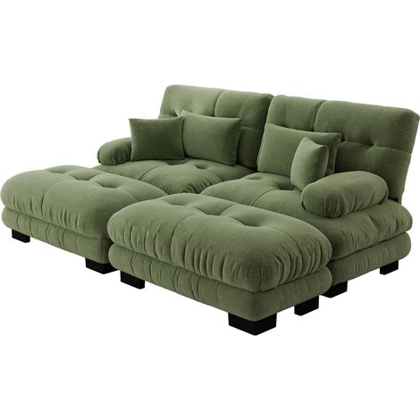 Sofá esquinero modular de chenilla verde HOMVRA con 2 otomanas (1/5)