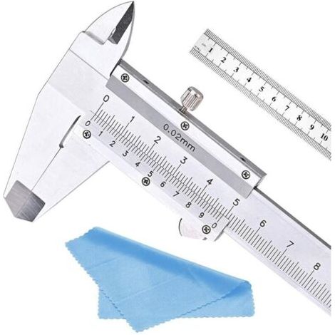 Calibrador de precisión de acero inoxidable con nonio, 150 mm (6 pulgadas), galga de medición, herramienta de medición, micrómetro con regla de acero de 15 cm y paño de limpieza. (1/4)