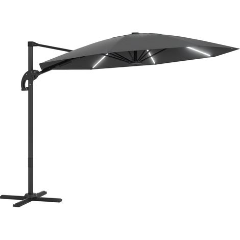 Parasol déporté en aluminium avec éclairage solaire LED, Ø 300 cm, réglable en hauteur, avec pied à manivelle, protection UV50+, gris foncé