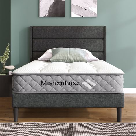 Lit rembourré 90 x 200 cm, Bettgestell mit Lattenrost & Kopfteil, lit double rembourré, revêtement textile en lin en gris, design moderne intemporel, lit jeunesse (avec matelas) (1/5)