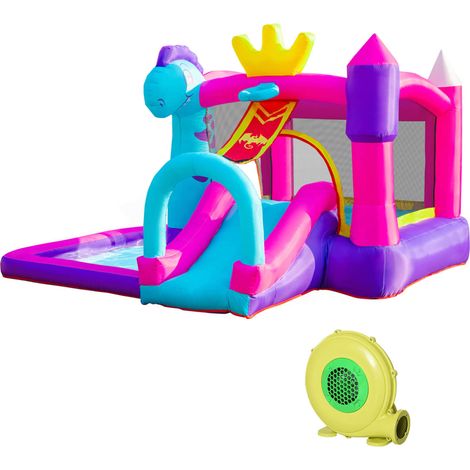 Outsunny Château Gonflable avec Toboggan, Trampoline, Aire de Jeux Piscine et Panier Jusqu'à 3 Enfants +3 Ans gonfleur et Sac de Transport Souffleur 350W inclus dim. 300L x 270l x 200H cm Multicolore
