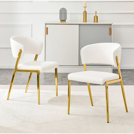 Silla de comedor moderna, respaldo ergonómico, patas de metal, asiento acolchado de PU, color blanco (1/5)
